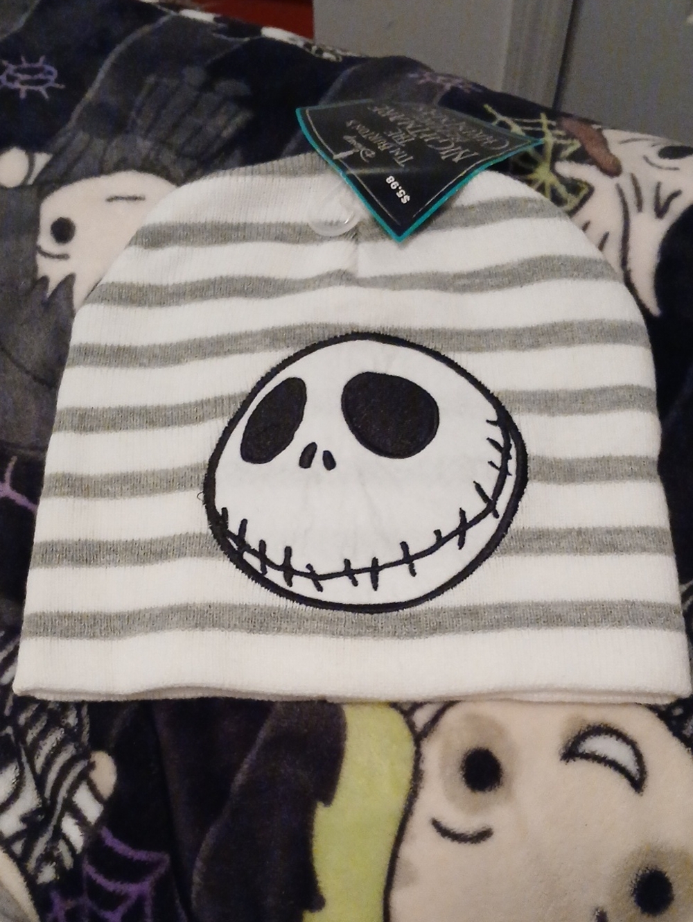 Disney Gray & White Striped Beanie Hat with Jack Skellington Patch